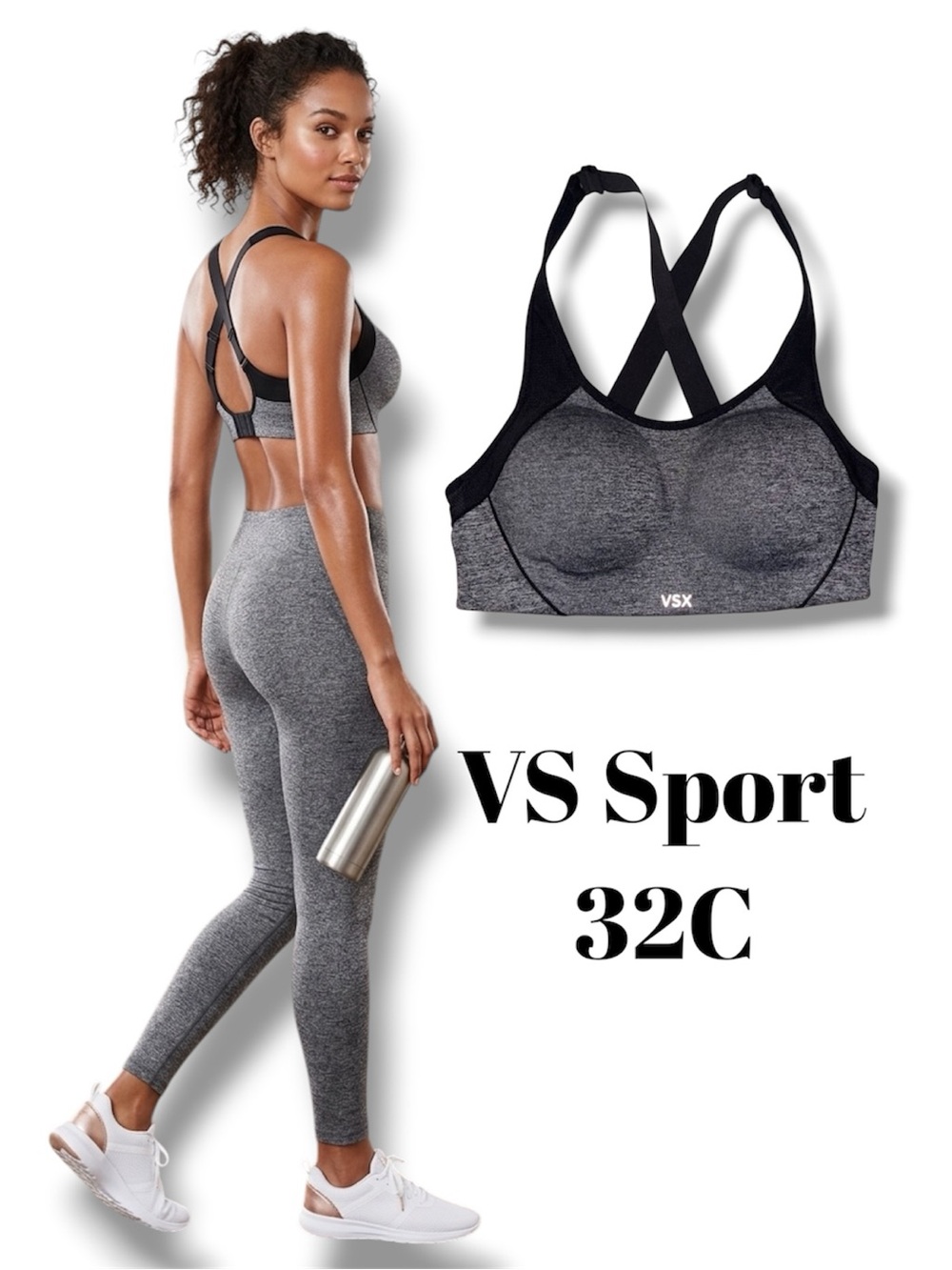 Victoria's Secret VSX Maximum Support Sports Bra 32C Gray Black High Impact